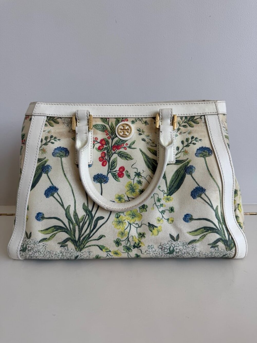Tory Burch Floral Botanical Canvas Satchel Shoulder Bag Ivory Gold